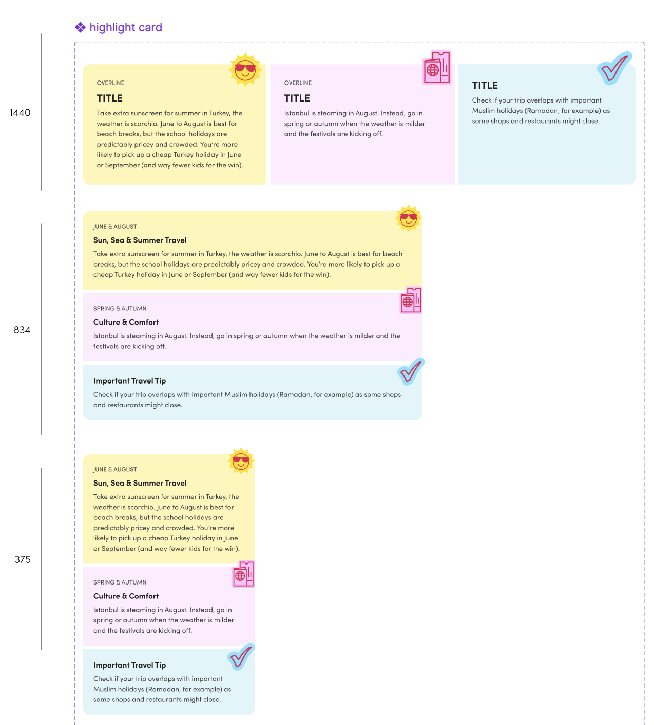 Highlight card component specified across breakpoints