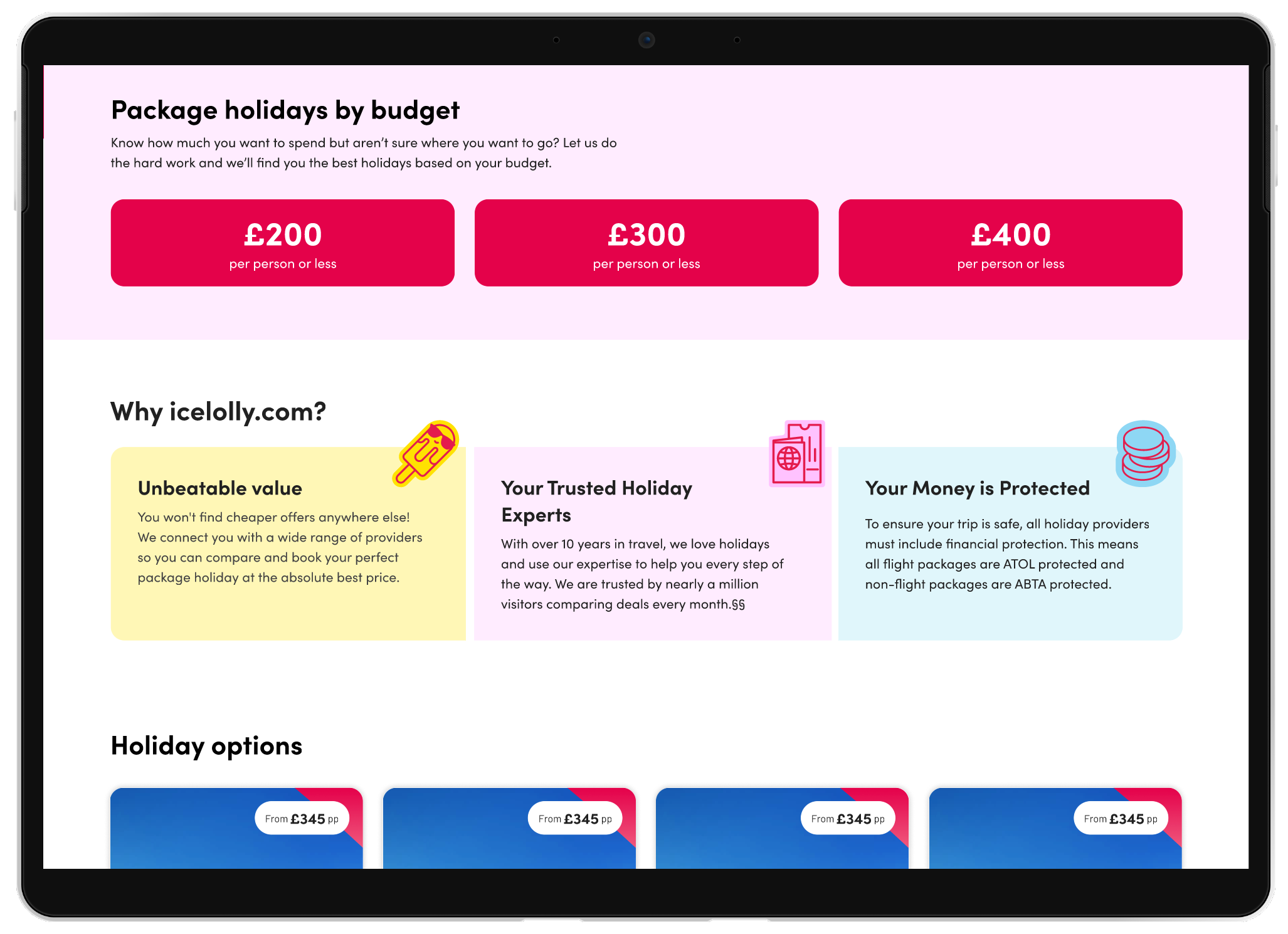 New Package holidays by budget section